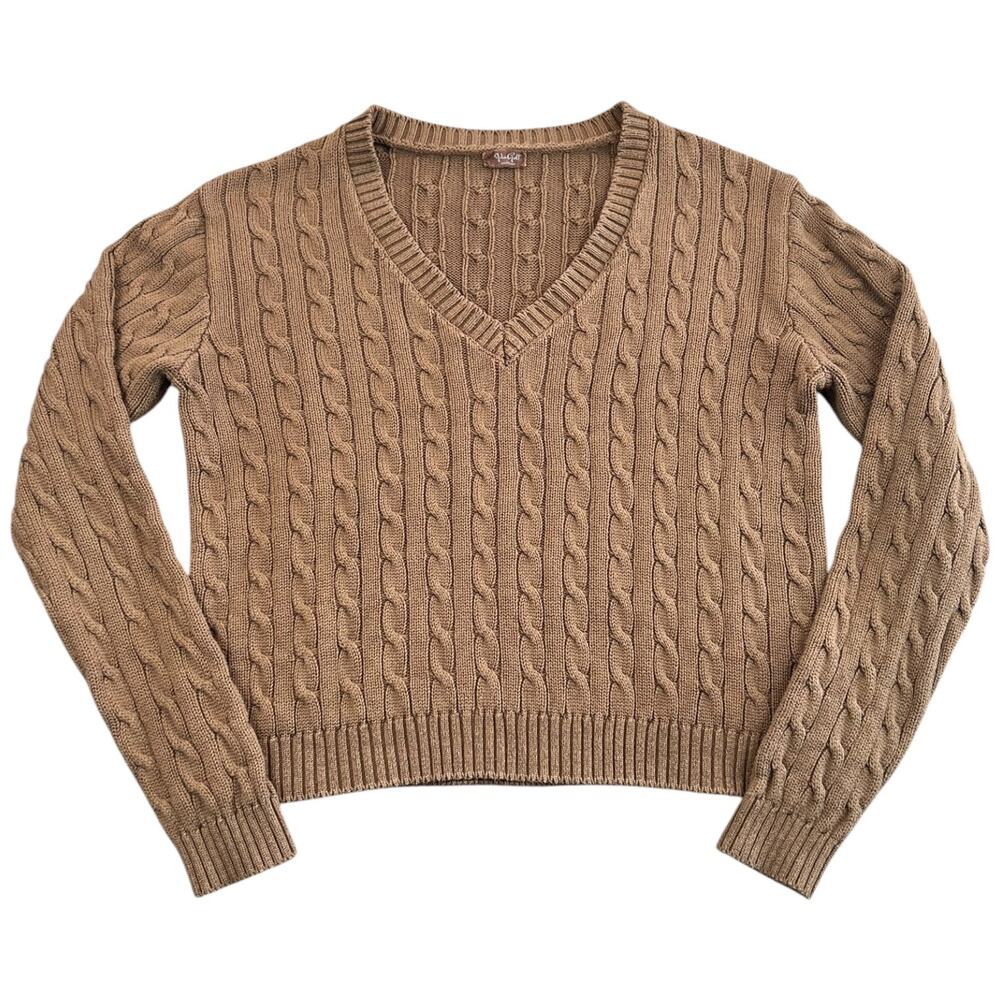 John Galt Brown Cable Knit V-Neck Cropped Sweater Women’s S